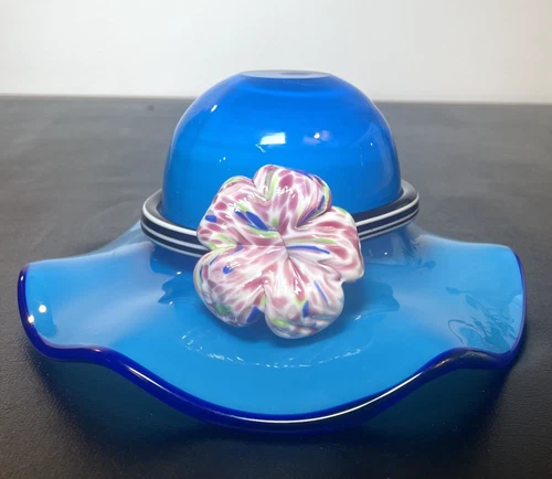 Murano Style Art Glass Blue Hat Bowl Dish Flower Vase Floral Candy Decorative