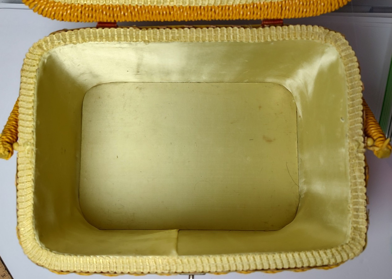 Vintage Woven Wicker Sewing Basket Box With Tapestry Floral Hinged Lid with Misc