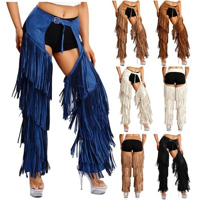 Damen Wildleder Hose Chaps mit Mehrlagiger Fransen Cowboy Western Hippe Kostüm