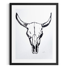 Original Cow Skull 9x12 Painting Black White Acrylic Ink Southwestern Decor