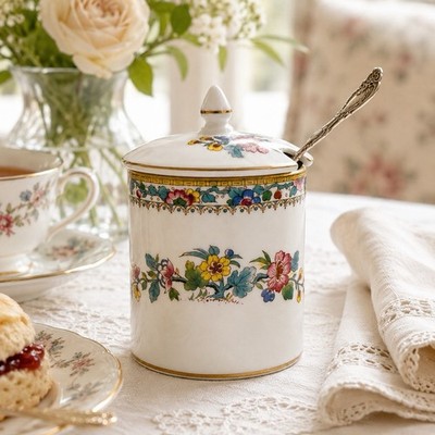 Coalport Ming Rose Bone China Jam Jar Condiment Pot w/ Silverplate Spoon England