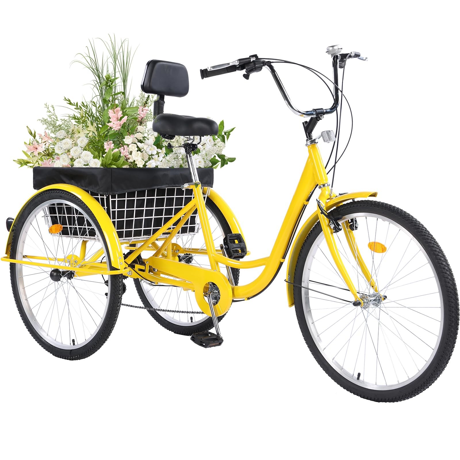 Yellow 24" Adult Tricycle-7-Speed Comfort Ride w/ Utility Basket,440LBS Capacity
