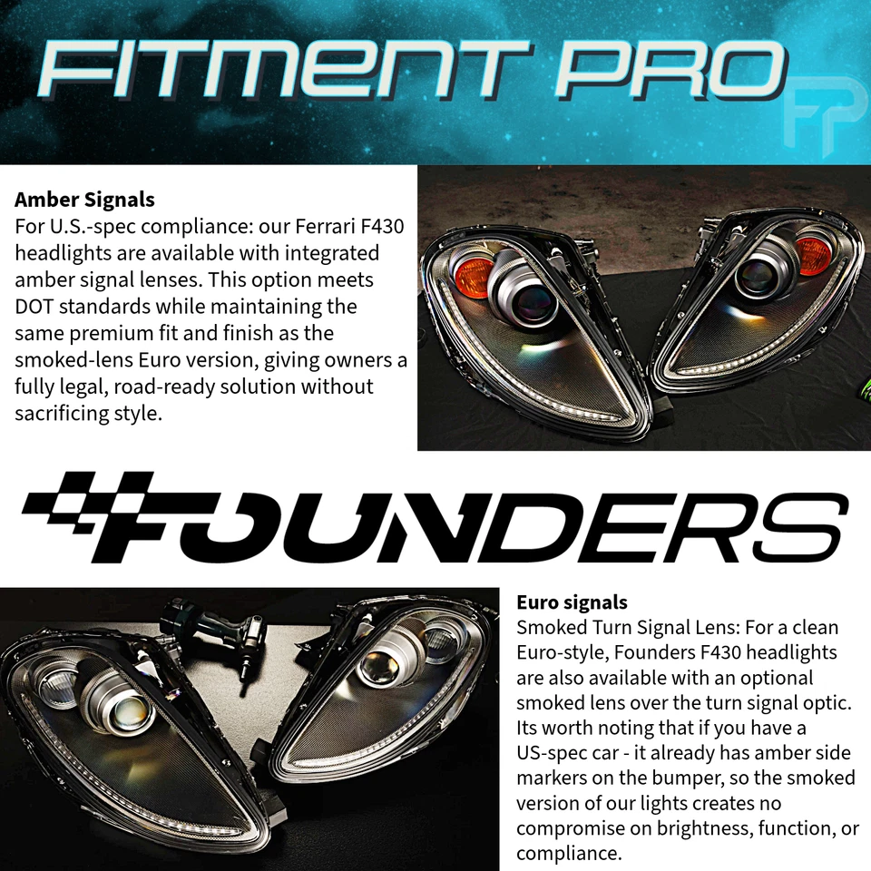 Founders 16M Carbon Fiber LED Headlights For 2005-10 Ferrari F430 LHD Amber Lens - Изображение 3 из 4