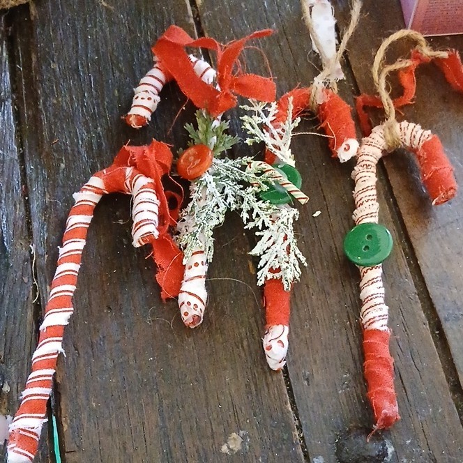 Handmade Rustic Striped Fabric Candy Cane Ornaments with Buttons Set of 4