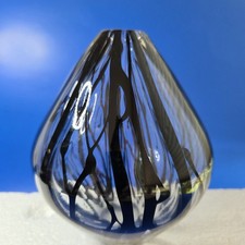 Vtg Art Glass Vase Clear w Abstract Black Drip Vertical Stripes Hand Blown 6.75"