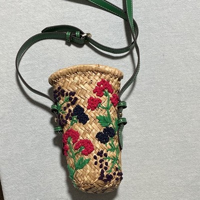 ZARA Floral Embroidered Woven Shoulder Bag with Green Strap, Multicolor Accents