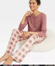 Women's Henley Pajama Set Stars Above Mauve Pink Plaid Soft Bottoms NWT XXL