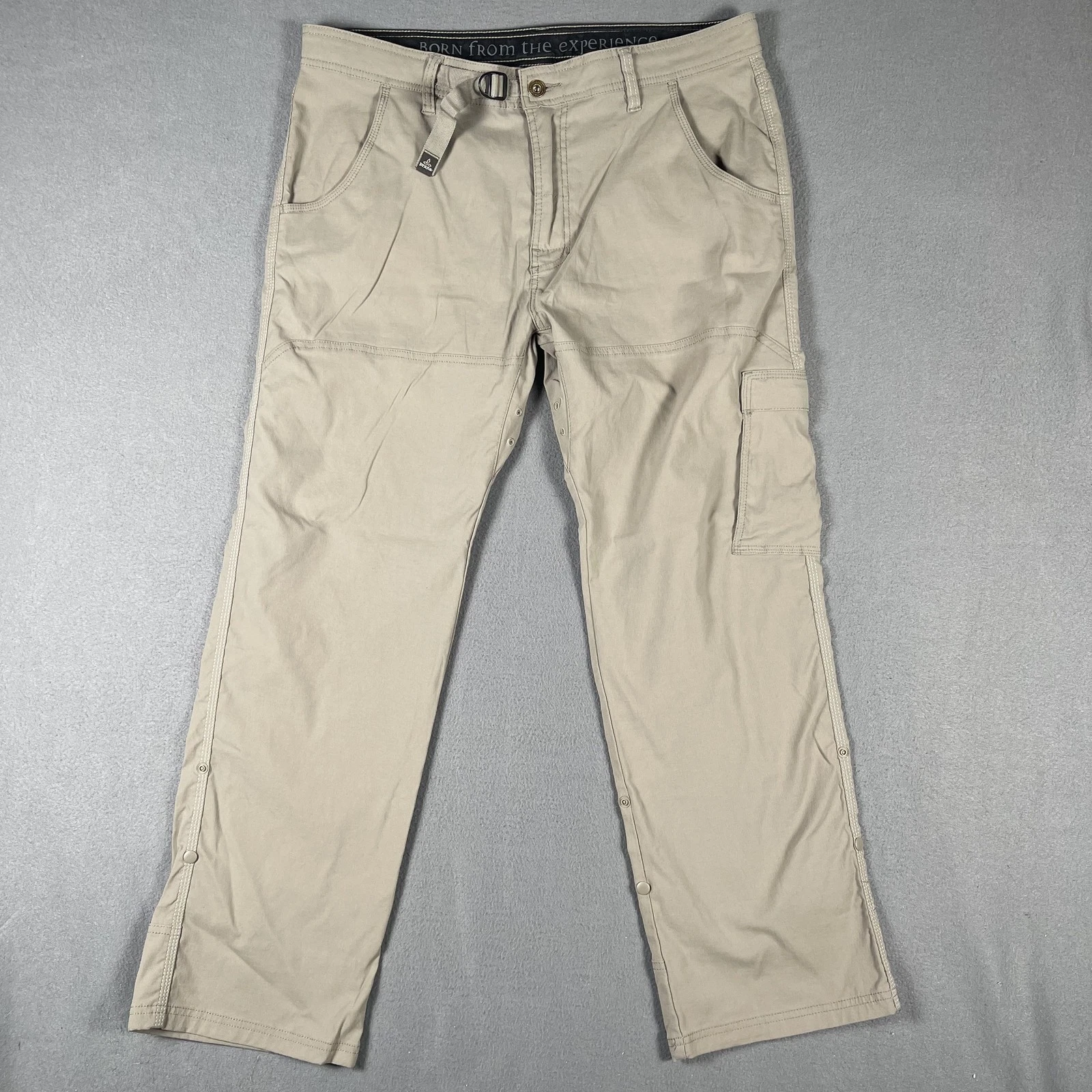 prAna Pants Mens 36x30 Khaki Breathe Nylon Stretch Cargo Outdoor Hiking Snap Leg
