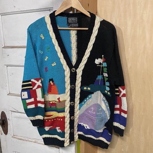 Berek Marta D 1992 Nautical World Flags Cotton Hand Knit Heavy Cardigan Sz M