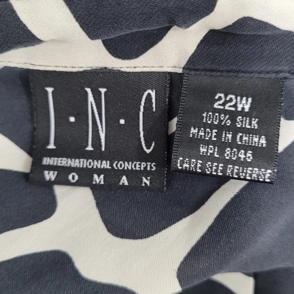 INC 黑色 100% 真丝动物印花纽扣长袖衬衫 22W 码 — 第 3/4 张图片