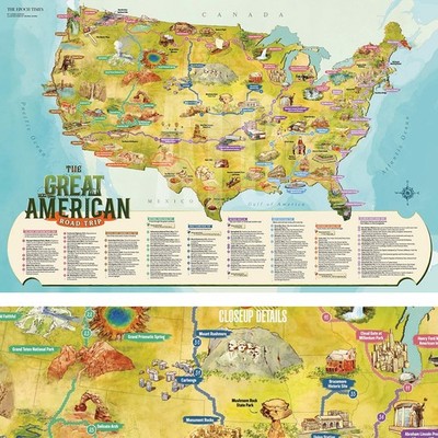 36W''x24H'' THE GREAT AMERICAN ROAD TRIP - UNITED STATES USA MAP CHOICES of CANVAS