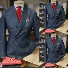 Navy Blue Denim Men Suits Double Breasted Casual Slim Fit Blazer Business Jacket