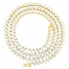 3 Prong Tennis Necklace 14K Gold Finish Lab Diamonds 1 Row 4mm Chain 18 inches