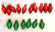 16 Light Bulb Shape Xmas Ornaments 2.5" Long Red Green Shiny Glitter Tree Decor
