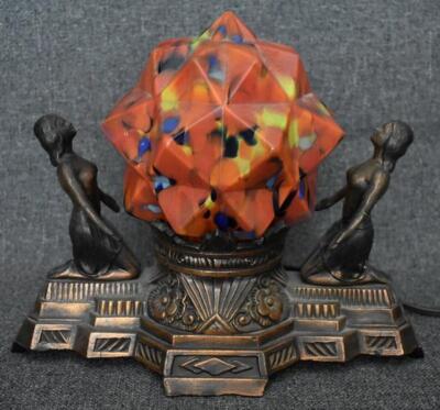 FABULOUS ORIGINAL 1930S ART DECO DOUBLE MAIDEN COPPER FINISHED LAMP W ORIG GLOBE