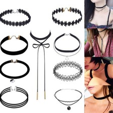 💙Fashion 9 Pcs/set Black Rope Choker Necklace Stretch Gothic Lace Party💙