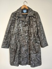 Women's Black Metallic Floral Brocade Double Breasted Snap Long Sleeve Coat M