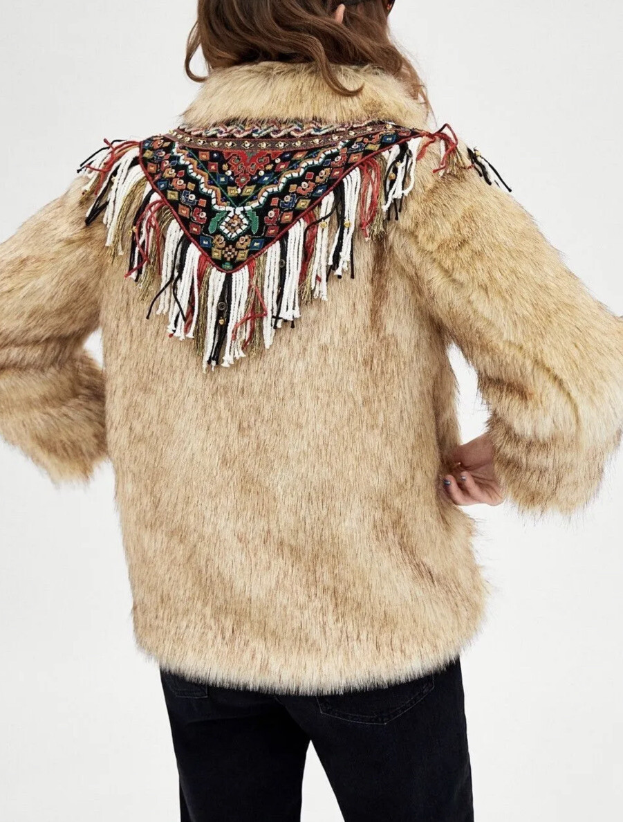 ZARA NEW BLOGGERS ECRU FRINGED EMBROIDERED FAUX FUR AZTEC COAT