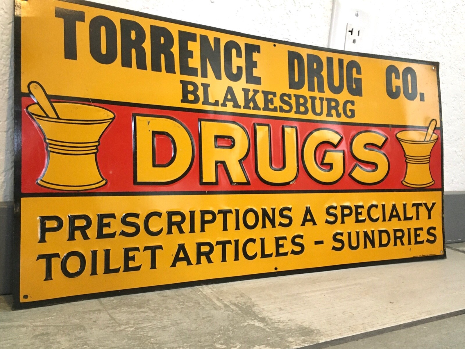 Vtg Antique Torrence DRUGS Tin Metal Sign Blakesburg Iowa IA Gas Oil