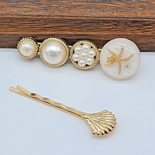 Gold Beach Themed Hairclip  Pin Set Gold Shell, Starfish, Pearls  Glitter