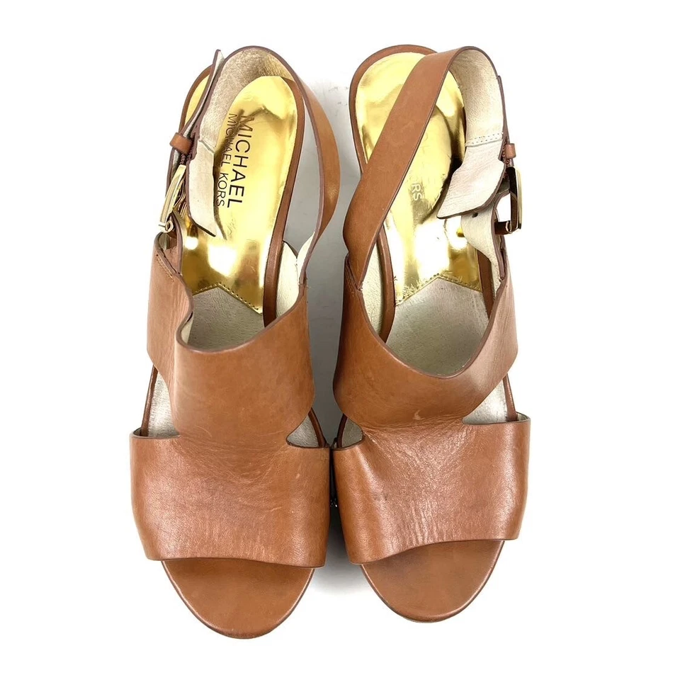 Sandalias de cuña Michael Kors Carina punta abierta marrón dorado PW14K talla 10M Foto 2 de 4