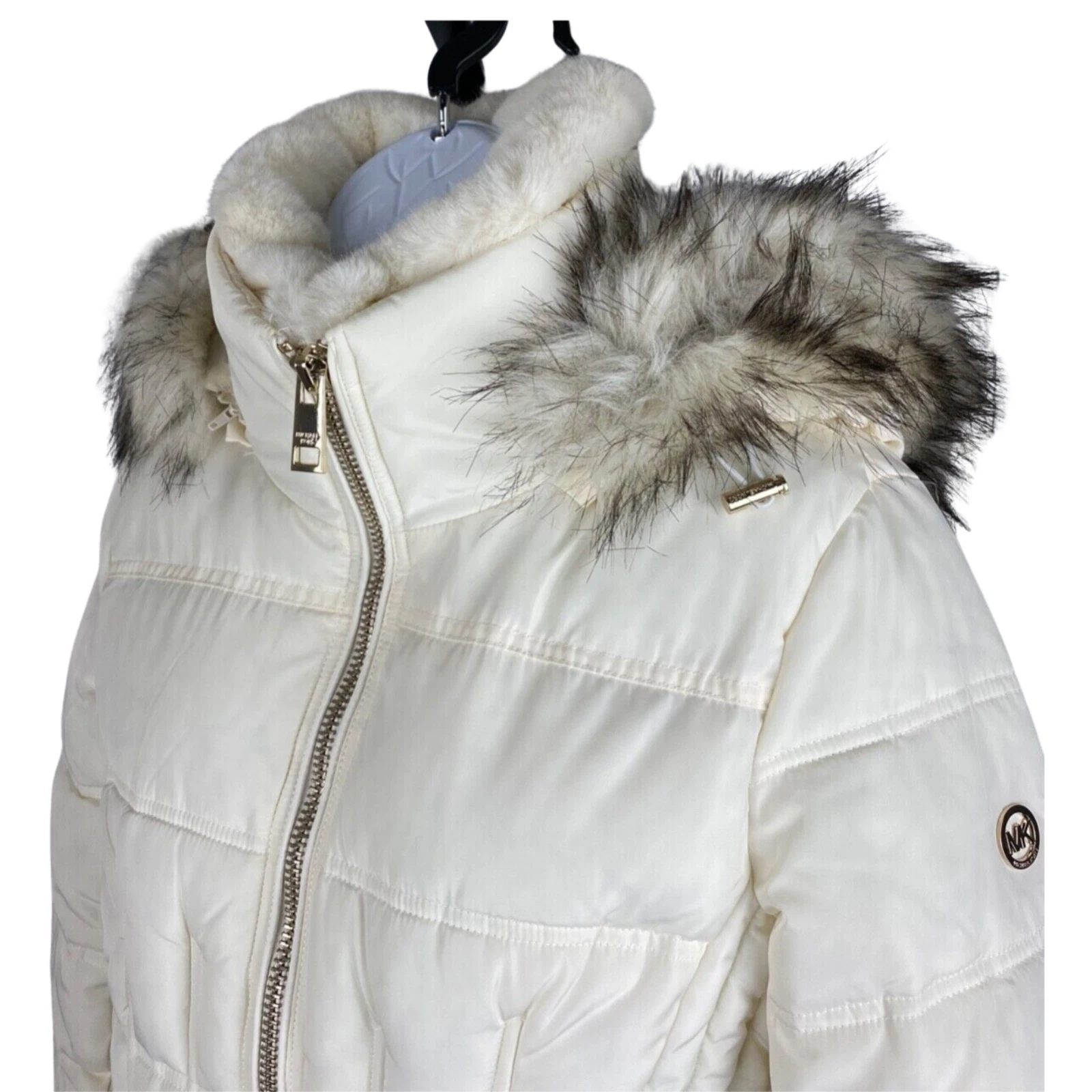 Michael Kors Puffer Jacket Staccabile Ecopelliccia Cappuccio e Collo Taglia S Crema