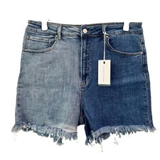 Risen Jeans High Rise Two Tone Shorts Womens Blue 2XL Stretchy Raw Hem NEW 