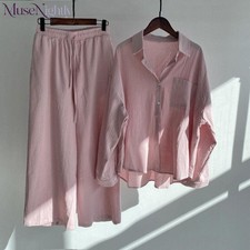 Women 2Pcs Cotton Linen Summer Blouse T Shirt Loose Pants Loungewear Outfit Set
