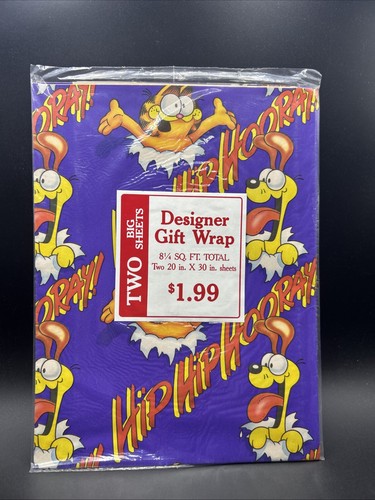 NOS 1980's Vintage Garfield Cat Gift Wrap Paper Hip Hip Hooray Birthday - Picture 2 of 2