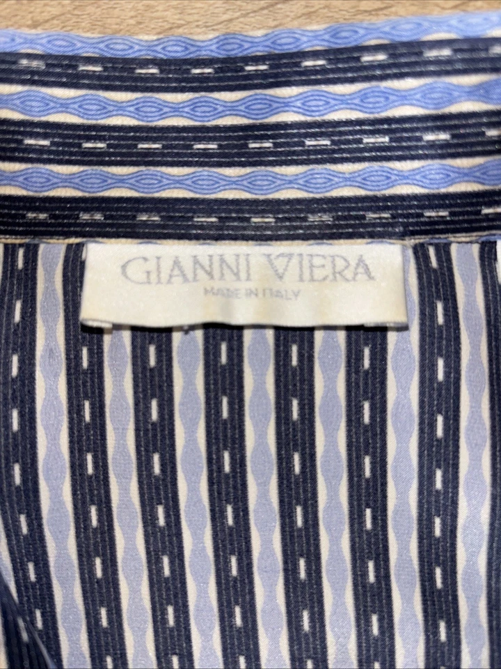 Camisa Gianni Viera Hecha en Italia 100% Seda Azul Dorado Rayas Talla L (84) Foto 3 de 4