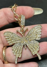 Crystal Encrusted Butterfly White Crystal Gold T Keychain Car Dress Jewelr Charm