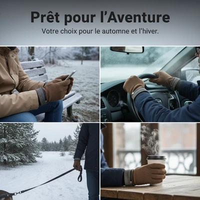Gants Hiver Homme Tactiles en Laine et Cuir pour Smartphone, Pour homme - Photo 1/4