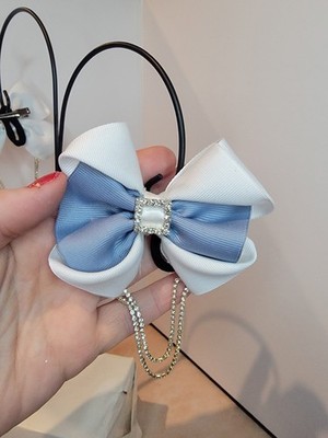 Blue and White bow hair clip with rhinestone and beaded accent for girls