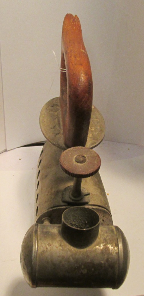 antique gas heated sad iron wood handle 8" long 6" tall heavy steel  stainless