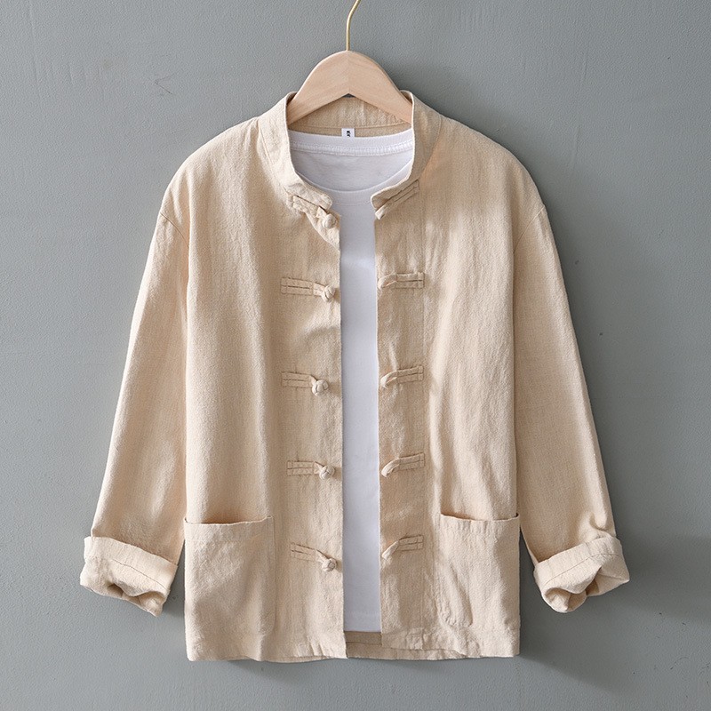 Chinese style buckle ramie men's stand up collar retro linen long sleeved shirt