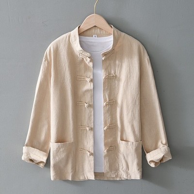 Chinese style buckle ramie men's stand up collar retro linen long sleeved shirt