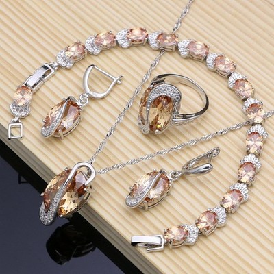 925 Silver Champagne Zircon Bridal Jewelry Set Necklace Earrings Ring Bracelet