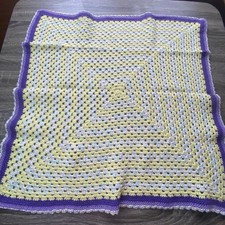 Handmade Crochet Baby Blanket Yellow Purple White Yarn 27" square