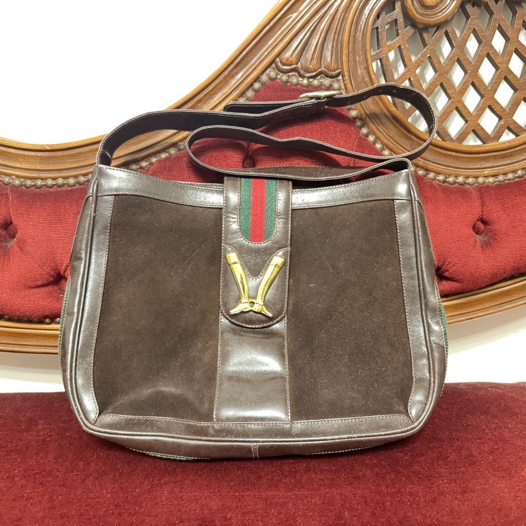 GUCCI Old Sherry Line Leather Shoulder Bag in Brown DDU