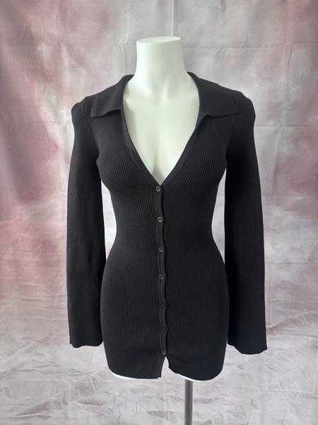 Black Knit Ribbed V Neck Long Sleeve Tight Mini Dress Size 8 Savel Sexy LBD 