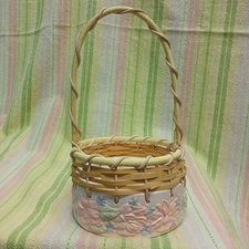 FTD Pink Floral Ceramic Bottomed Easter Basket/Planter With Wicker Top & Handle