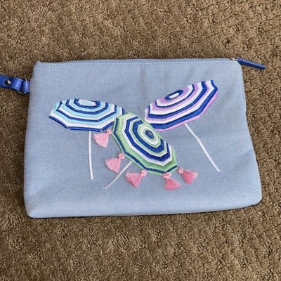 TALBOTS Blue Beach Embroidered 3d Zip Pouch Make-Up Cosmetic Bag New Wristlet