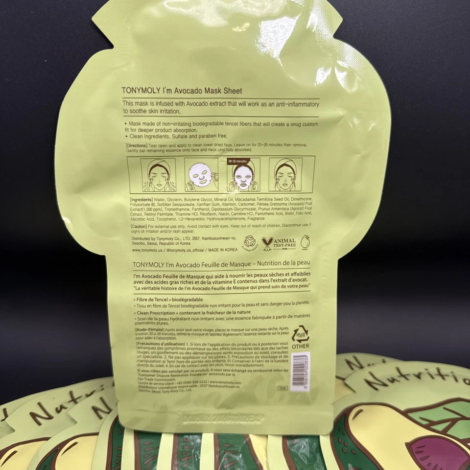 Lote De 10 TONY MOLY I’m AVOCADO Sábanas Faciales Máscara PIEMA Bach Fiesta Niñas Noche Foto 3 de 4