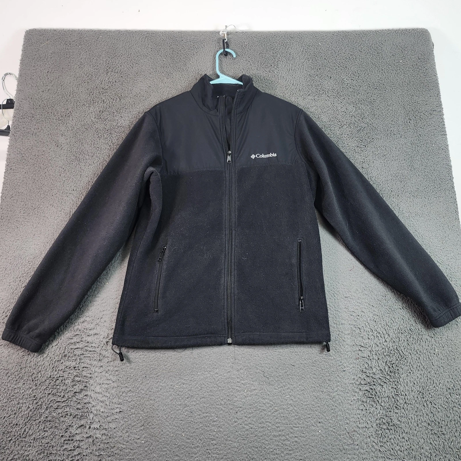 Columbia Fleece Jacket Mens Medium Black Full Zip Nylon Yoke Pockets Outdoor