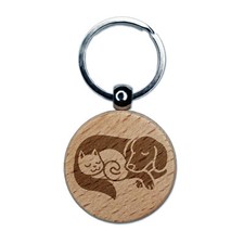 Dog and Cat Sleeping Engraved Wood Round Keychain Tag Charm