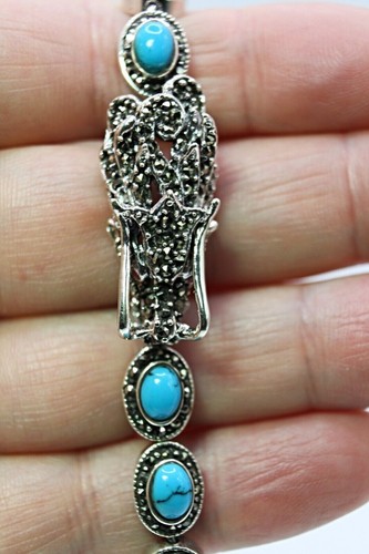 Sterling Silver Bracelet Turquoise Genuine Natural Gems Dragon Design 7 1/4 Inch - Picture 2 of 24