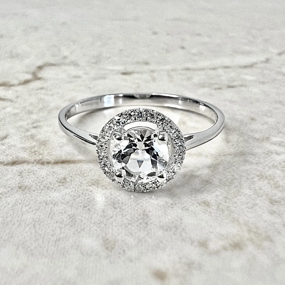 Anillo Halo Topacio Blanco Redondo 14K - Anillo Topacio Blanco Oro Blanco - Anillo Halo Diamante Foto 4 de 4