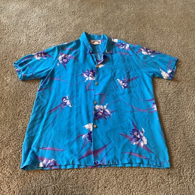 Paradise Found Hawaiian Shirt Men s L Vintage Short Sleeve Blue Floral