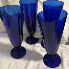Vintage Cobalt Blue Beer Pilsner Glasses (4) Footed 8 1/4" Tall Champagne Bar