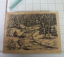 Beautiful horizontal winter woods trees bird path scene Northwoods rubber stamp